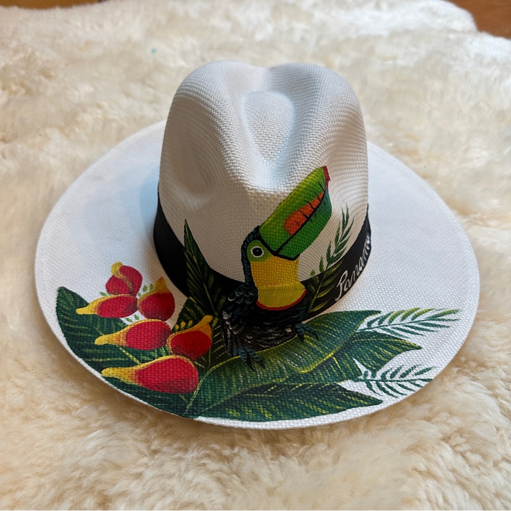 White Tropical Print Women's Hat - Panama - Picture 2 of 8